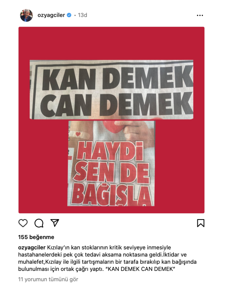 erdal ozyagcilar dan kizilay a kan bagisi icin cagri